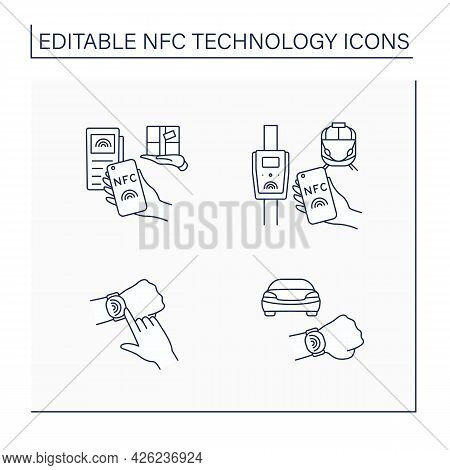 Nfc Technology Line Icons Set. Safety Payment System On Smart Watch Or Mobile Phone. Delivery, Publi