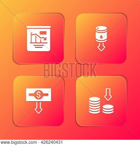 Set Pie Chart Infographic, Drop Crude Oil Price, Dollar Rate Decrease And Icon. Vector