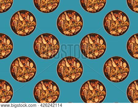 Kitchen Food Pattern, Flat Lay - Fried Chicken With Vegetables, Lemon And Olives, Algerian Style In 
