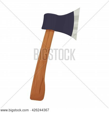Camping Axe, Wooden And Iron In Cartoon Style Isolated On White Background. Handle Tool, Equipment. 