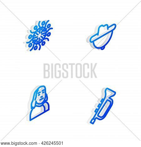 Set Isometric Line Western Cowboy Hat, Firework, Benjamin Franklin And Trumpet Icon. Vector