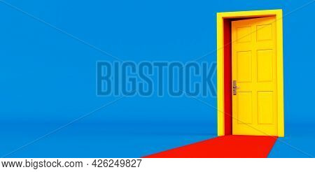 3d Render Of Yellow Open Door Idea. Yellow Opned Door On Blue Background With Red Carpet.