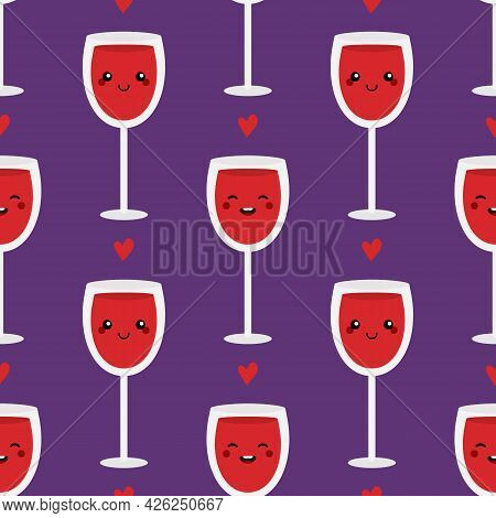 Cute Laughing Cartoon Style Red Wine Glasses Characters And Hearts Vector Seamless Pattern Backgroun