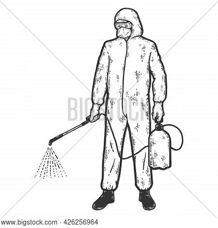 Disinfector Character In Protective Suits With Poison Spray Bottle. Sketch Scratch Board Imitation C