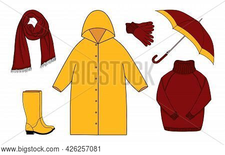 Cartoon Set Of  Warm Outdoor Clothes And Accessory For Autumn Cold Rainy Weather. Raincoat, Umbrella