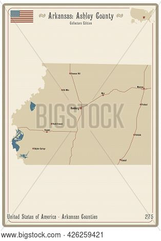 Map On An Old Playing Card Of Ashley County In Arkansas, Usa.