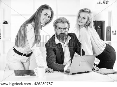 They Love Their Boss. Surrounded By Beautiful Ladies. Flirting With Boss. Man And Women Business Col