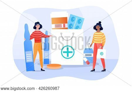 Two Female Characters Are Looking For A Suitable Medication Together. Two Women Are Picking Pills Fo