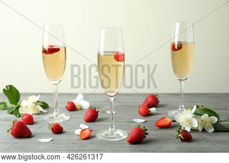 Concept Of Delicious Drink With Rossini Cocktails On Gray Textured Table
