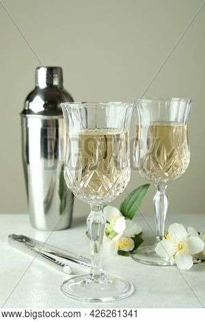 Concept Of Delicious Drink With Rossini Cocktail On White Textured Table