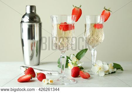 Concept Of Delicious Drink With Rossini Cocktail On White Textured Table