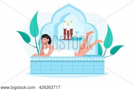 Young Smiling Female Character Is Spending Time In Hammam. Young Woman In Towels Is Lying In Sauna R