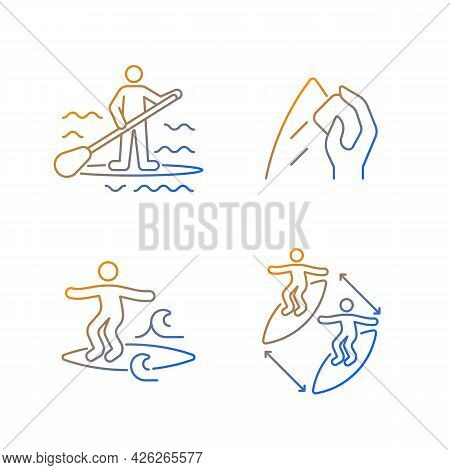 Riding Waves In Ocean Gradient Linear Vector Icons Set. Paddle Board Surfing. Surfboard Wax. Noserid