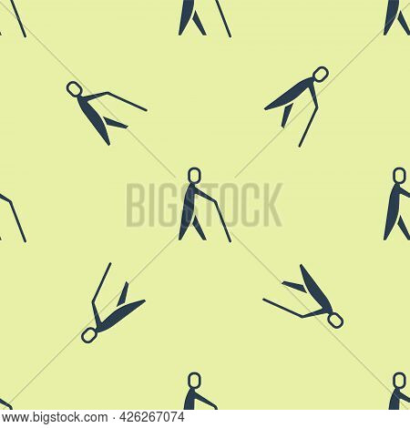 Blue Blind Human Holding Stick Icon Isolated Seamless Pattern On Yellow Background. Disabled Human W