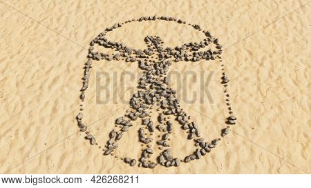 Concept or conceptual stones on beach sand handmade symbol shape, golden sandy background, sign of vitruvius man. A 3d illustration metaphor for architecture, renaissance, anthropology and physiology