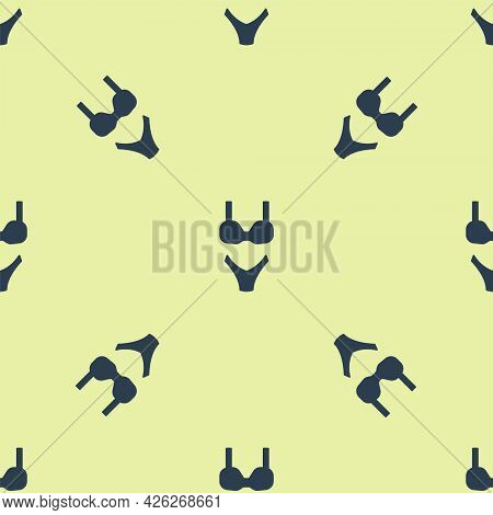 Blue Summer Beach Swimsuit Icon Isolated Seamless Pattern On Yellow Background. Beach Women Fashion.