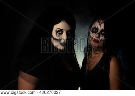 Supernatural Entities, Portrait Of Two Supernatural Entities, Artistic Makeup, Black Background, Low