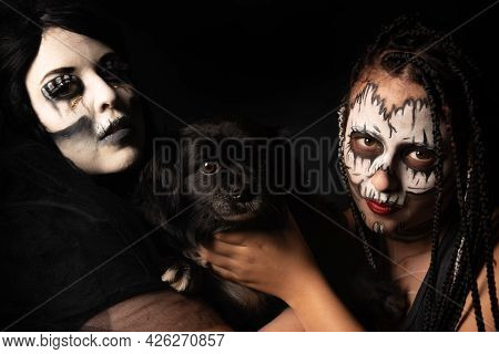 Supernatural Entities, Portrait Of Two Supernatural Entities Holding Their Sacrifice, Artistic Makeu