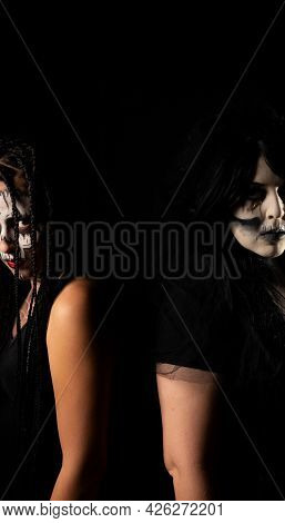 Supernatural Entities, Portrait Of Two Supernatural Entities, Artistic Makeup, Black Background, Low