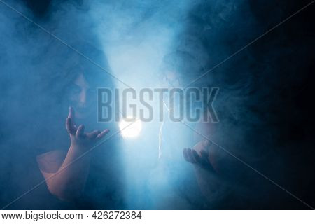Supernatural Entities, Portrait Of Two Supernatural Entities, Artistic Makeup, Black Background, Low
