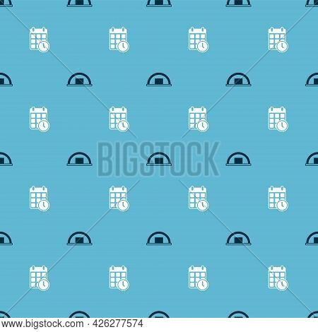 Set Warehouse And Cardboard Box With Calendar On Seamless Pattern. Vector