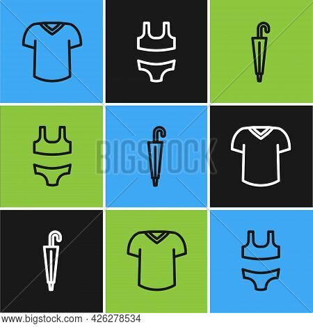 Set Line T-shirt, Umbrella And Swimsuit Icon. Vector
