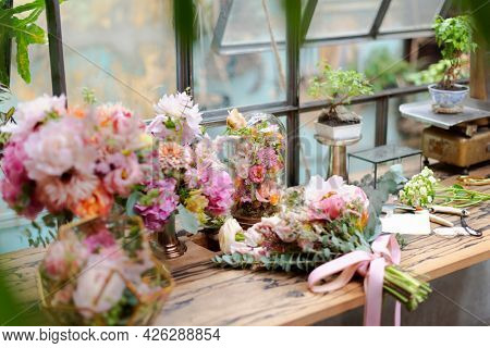 Blooming flowers decor in a flower shop