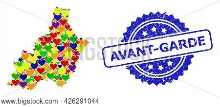 Blue Rosette Textured Seal With Avant-garde Caption. Vector Mosaic Lgbt Map Of Almeria Province With