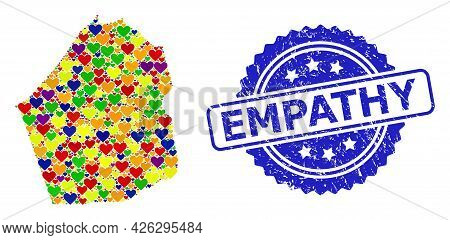 Blue Rosette Rubber Watermark With Empathy Caption. Vector Mosaic Lgbt Map Of Dubai Emirate Of Love 