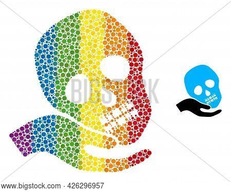 Hand Holds Skull Composition Icon Of Round Dots In Variable Sizes And Rainbow Color Tinges. A Dotted