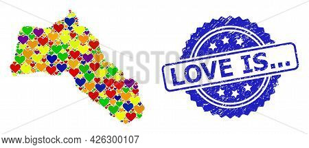 Blue Rosette Scratched Stamp With Love Is... Caption. Vector Mosaic Lgbt Map Of Kurdistan Of Lovely 