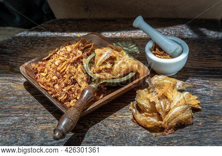 Dried Chilli Paste With Crispy Fish Thai Style Or Crispy Fish Chilli Paste In Ceramic White Cup On W