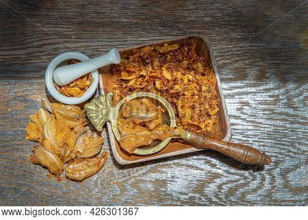 Dried Chilli Paste With Crispy Fish Thai Style Or Crispy Fish Chilli Paste On Wooden Bowl. Thai Food