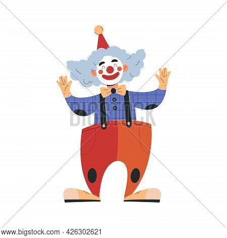 Smiling Male Clown In Colorful Costume Working In Circus. Concept Of Circus Characters Doing Tricks 
