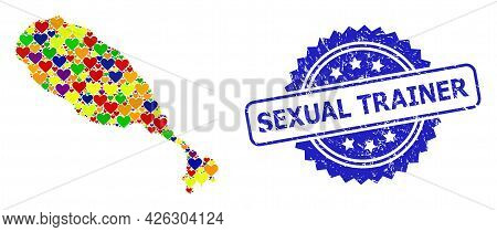 Blue Rosette Rubber Seal Stamp With Sexual Trainer Text. Vector Mosaic Lgbt Map Of St Kitts Island W