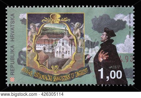 ZAGREB, CROATIA - AUGUST 29, 2014: A stamp printed in Croatia shows Jesuit Cloister in Zagreb (1645 - 1995), circa 1995