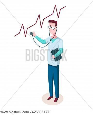 Medicine Researcher Isometric. Doctor Considers The Results Of Research. Isometric Vector Illustrati