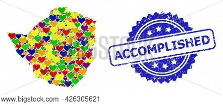 Blue Rosette Textured Seal With Accomplished Caption. Vector Mosaic Lgbt Map Of Zimbabwe With Hearts