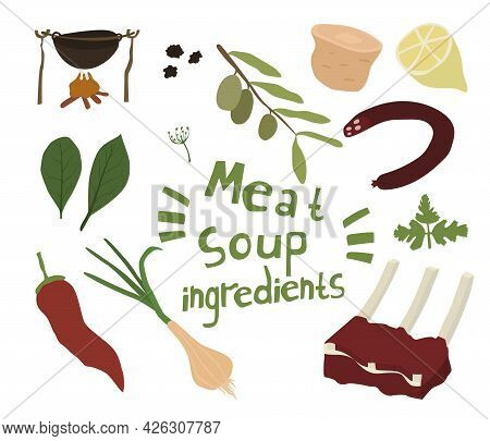 Vector Hand Drawn Food Set. Kitchen Flat Elements. Cooking Ingredients