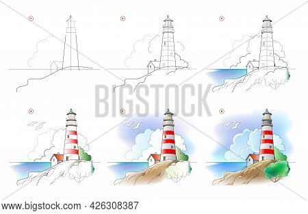 How To Learn To Draw Sketch Of Landscape With Lighthouse. Creation Step By Step Watercolor Painting.