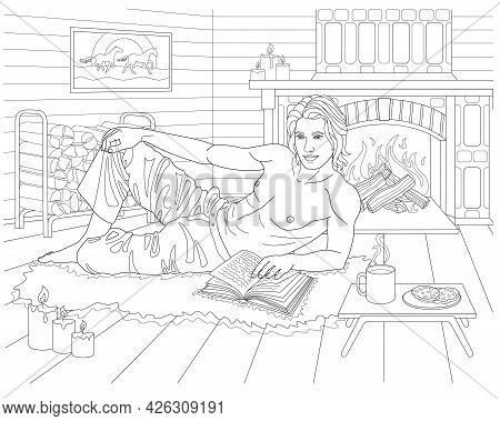 Young Sexy Man In An Interior With Candles - Romantic Coloring. Handsome Guy Is Reading A Book On Th