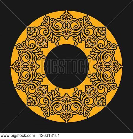Template For A Decorative Frame With A Place For Text. Golden Round Openwork Ornament For Invitation