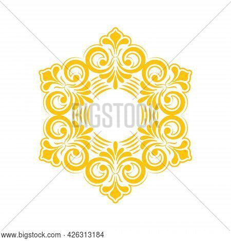 Template For A Decorative Frame With A Place For Text. Golden Round Openwork Ornament For Invitation