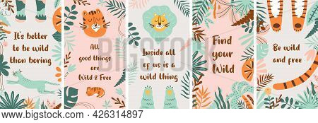 Summer Set Of Nature Social Media Stories, Tropical Plants, Cute Tiger, Jungle Leaf Banners. Social 