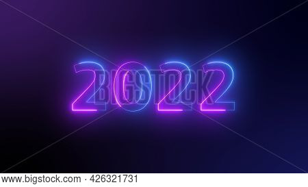 Number 2022 Neon Light Bright Glowing. 2022 Happy New Year Dark Background With Decoration With Neon