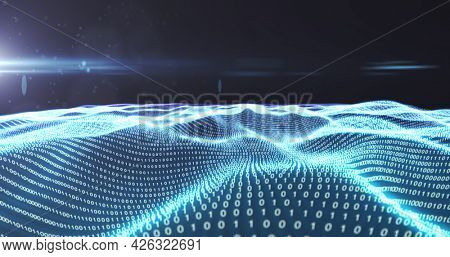 Image of waving mesh with glowing computer binary coding. digital interface connection and communication concept digitally generated image.