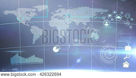 Image of statistics recording and data processing over world map. digital interface connection and communication concept digitally generated image.