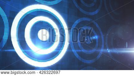 Image of rows of blue glowing digital scopes. digital interface connection and communication concept digitally generated image.