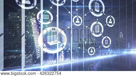 Image of network of connections with digital icons over cityscape. digital interface connection and communication concept digitally generated image.