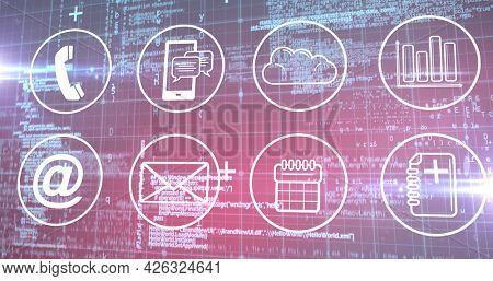 Image of multiple digital icons over data processing and grid. digital interface connection and communication concept digitally generated image.